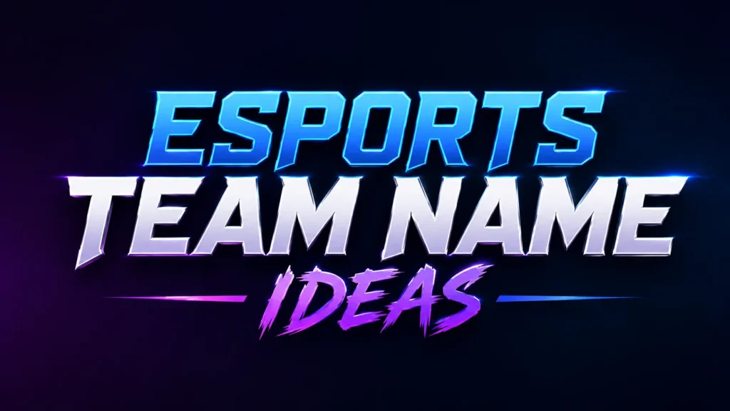 Esports Team Name Ideas banner featuring bold futuristic typography in blue, white, and purple neon colors on a dark gaming-inspired background, highlighting creative esports team name ideas for competitive gaming teams and organizations.