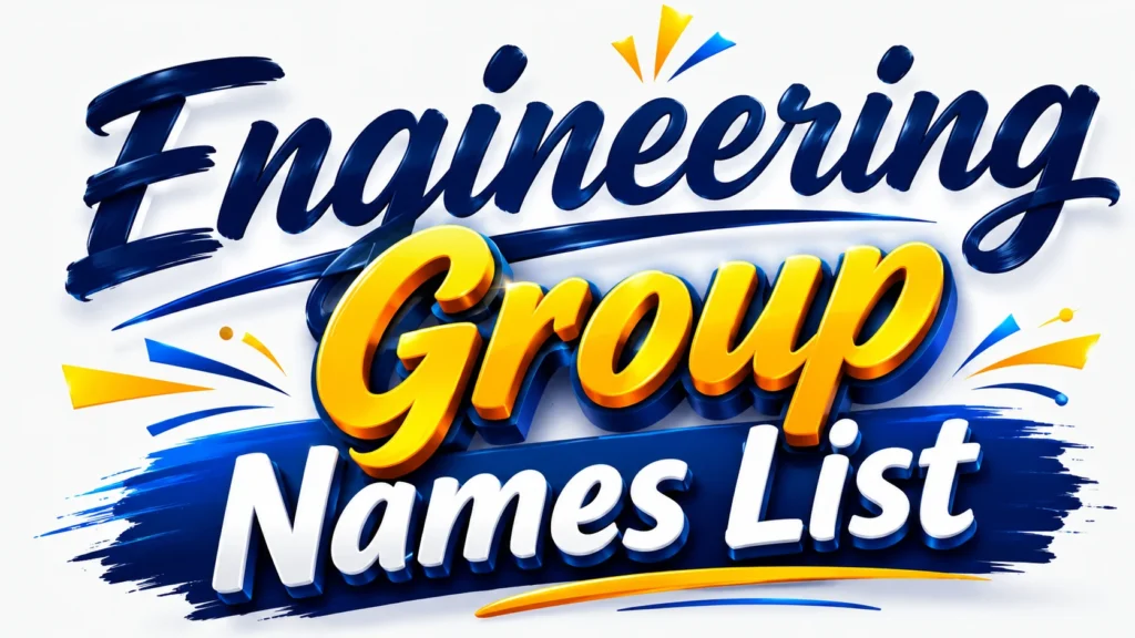 Stylized banner featuring the words “Engineering Group Names List” in large, bold 3D typography. The word “Engineering” appears in dark blue script, “Group” is highlighted in bright yellow and orange 3D lettering, and “Names List” is displayed in white bold text over a blue brushstroke background. Decorative blue and yellow graphic accents add a modern, energetic, and professional feel suitable for an engineering-themed website header.