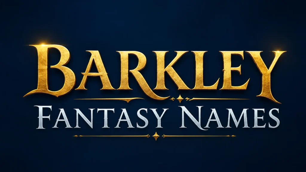 Elegant website banner featuring the text “Barkley Fantasy Names” in large decorative gold and silver typography centered on a deep navy blue background with subtle glowing accents and ornamental design elements.