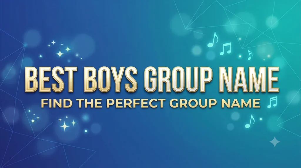 A modern banner featuring the text “BEST BOYS GROUP NAME” in large gold-outlined lettering with the subtitle “FIND THE PERFECT GROUP NAME” underneath. The design uses a blue-to-teal gradient background with soft glowing light effects, geometric line patterns, sparkles, and floating music note icons, creating a stylish, energetic, and youthful group theme.