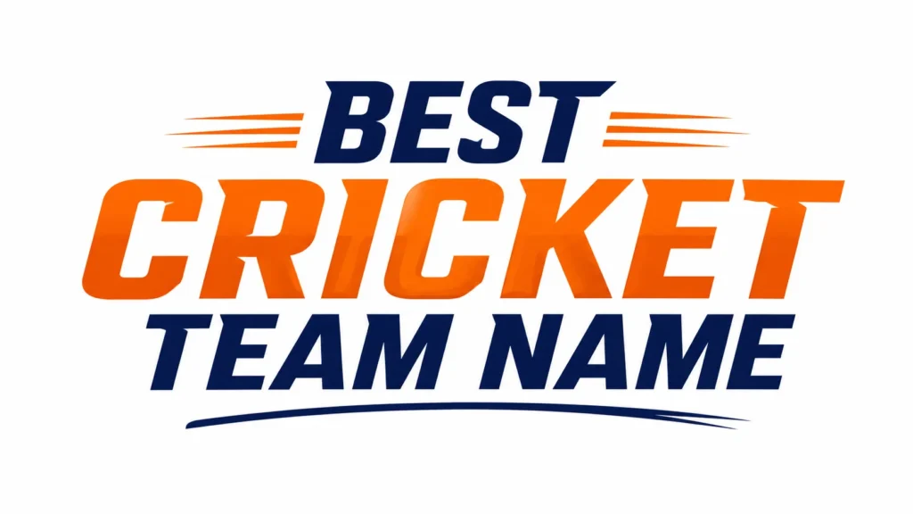 Bold typographic design featuring the text “BEST CRICKET TEAM NAME” centered on a light gray background. “BEST” and “TEAM NAME” appear in dark blue, while “CRICKET” is displayed in large orange letters with decorative orange lines and a curved blue underline, creating a sporty and energetic style.
