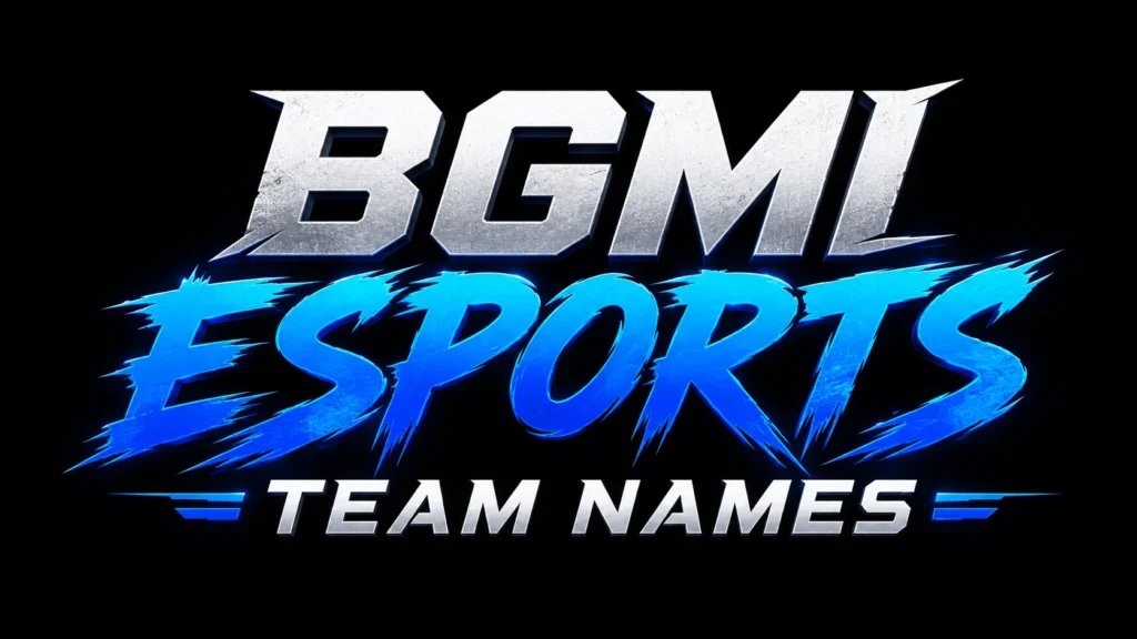 Bold BGMI Esports Team Names title design featuring metallic silver and electric blue typography on a black background with a modern gaming and esports style.