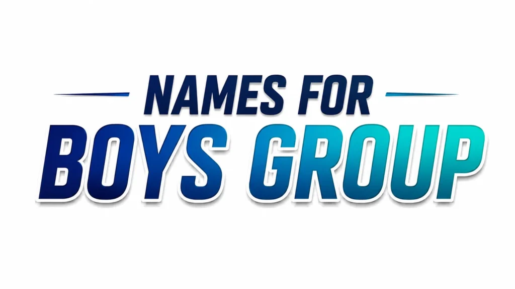 Modern text-based banner displaying “Names for Boys Group” in bold blue and turquoise gradient lettering on a clean light background, designed with a stylish and energetic look for group name ideas content.