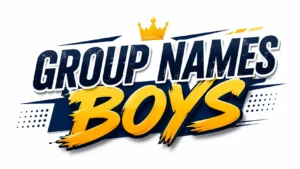 Stylized digital banner featuring bold text reading “GROUP NAMES BOYS” in large navy blue and bright yellow lettering, with a gold crown above the title and modern graphic accents on a clean light background.