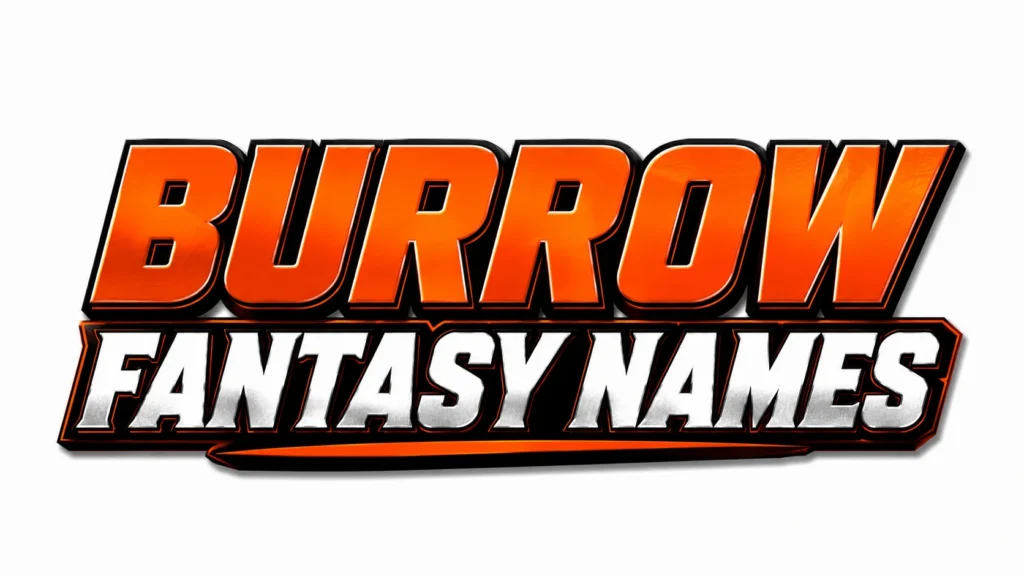 Bold 3D-style "Burrow Fantasy Names" text logo with a vibrant orange gradient on the top word "Burrow" and metallic white text for "Fantasy Names," outlined in black with shadow effects on a light gray background.