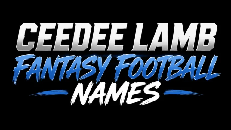 Bold sports-style banner featuring the text "CEEDEE LAMB FANTASY FOOTBALL NAMES" in large metallic silver, blue, and white lettering on a black background with dynamic brush-stroke effects.