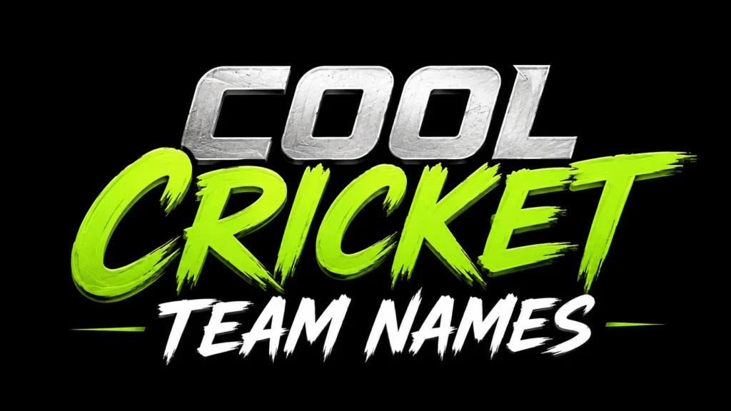 Modern sports-style banner featuring the words 'COOL CRICKET TEAM NAMES' with metallic silver and bright neon green lettering on a black background, creating a bold and energetic look.