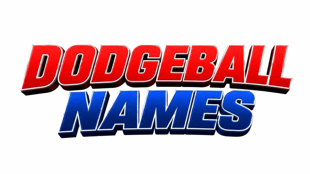 Large bold 3D text displaying “DODGEBALL NAMES” in a sporty design, with bright red lettering for “DODGEBALL” and deep blue lettering for “NAMES,” outlined with shadows on a clean light background.