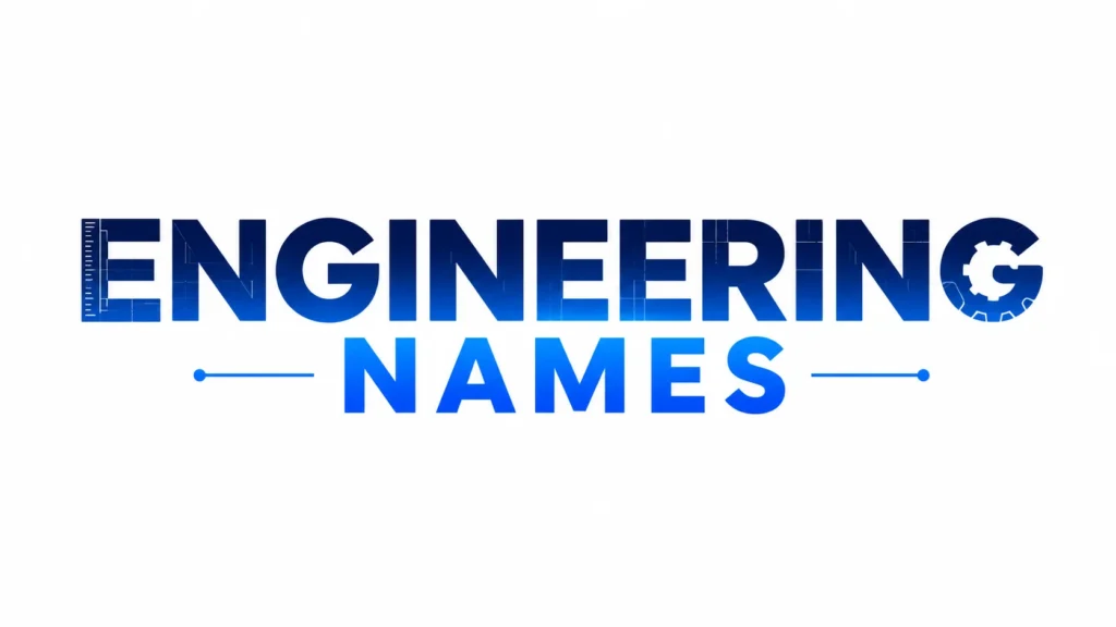 Bold blue-gradient "ENGINEERING NAMES" text centered on a clean light background, featuring subtle engineering-themed details including blueprint lines, a ruler integrated into the letter "E," a gear icon inside the letter "G," and minimalist horizontal line accents on both sides.