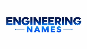 Bold blue-gradient "ENGINEERING NAMES" text centered on a clean light background, featuring subtle engineering-themed details including blueprint lines, a ruler integrated into the letter "E," a gear icon inside the letter "G," and minimalist horizontal line accents on both sides.