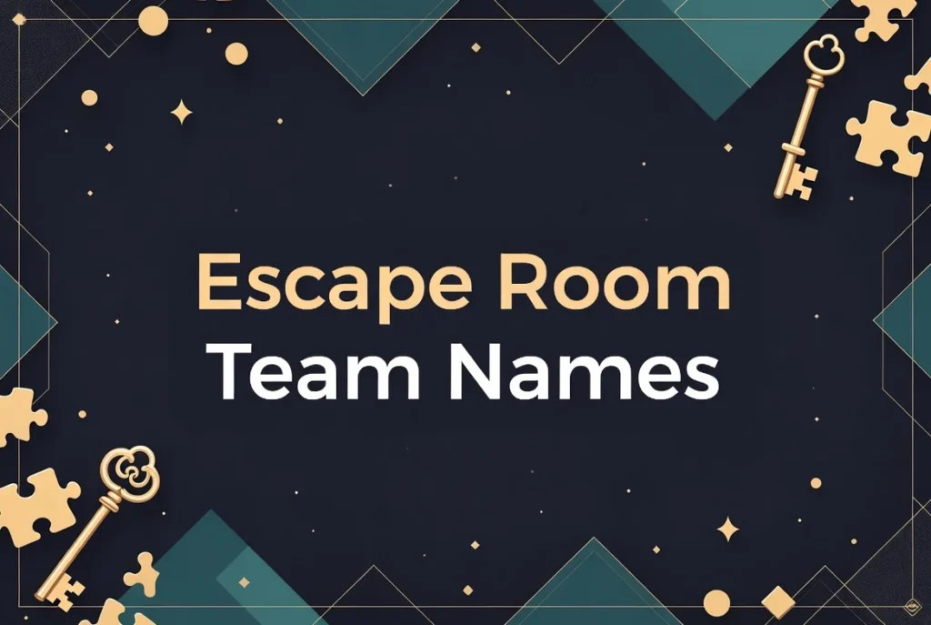 Escape Room Team Names graphic with puzzle pieces, keys, and geometric designs on a dark background, representing creative and fun team name ideas for escape room groups.