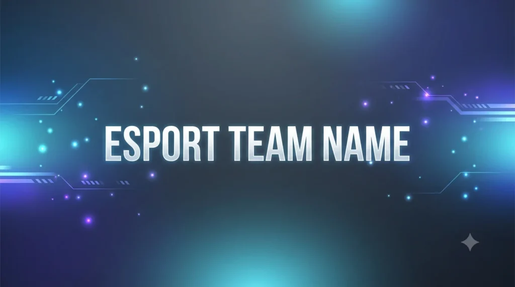 esports-themed banner with the centered text “ESPORT TEAM NAME” in large bold white letters. The background features a dark blue futuristic design with glowing cyan and purple light effects, digital circuit-style accents, and scattered spark-like particles creating a modern gaming atmosphere.