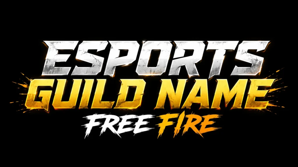 Bold esports-themed graphic featuring large metallic text reading “ESPORTS GUILD NAME” with “FREE FIRE” below in a white and orange stylized font on a black background with glowing effects.