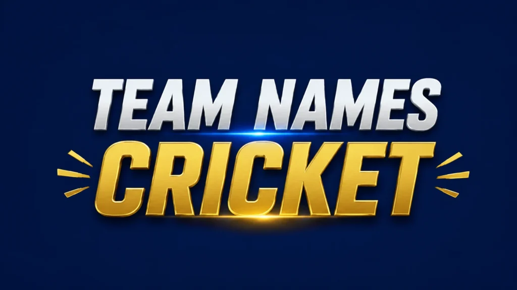 Bold silver and gold 3D text displaying "Team Names Cricket" on a dark blue background with glowing sports-style design elements.
