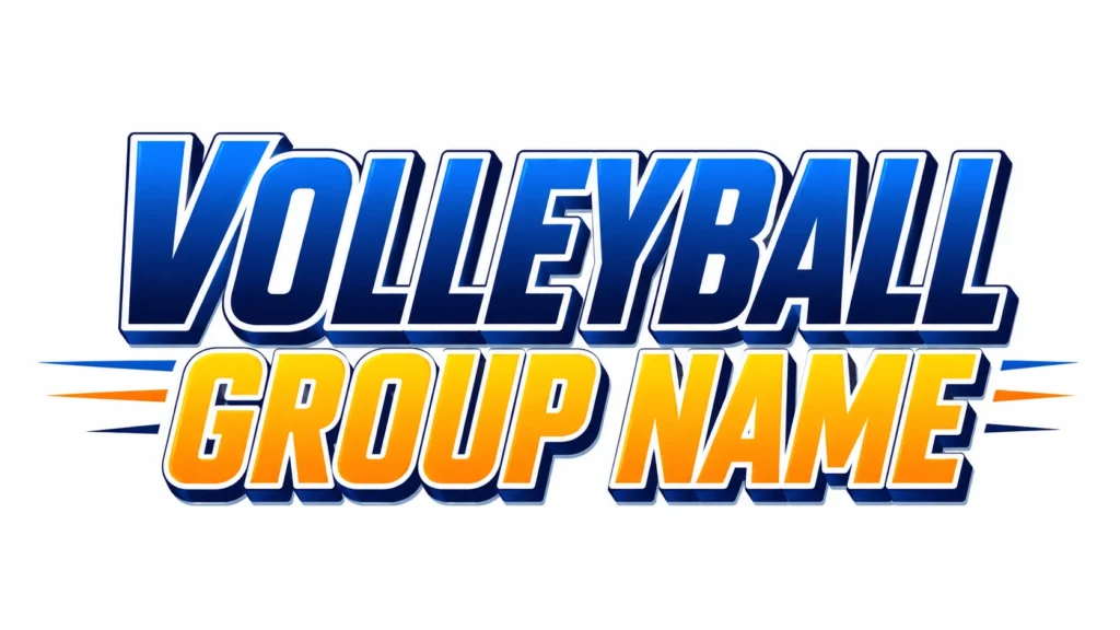 Bold sports-style typography logo displaying “VOLLEYBALL GROUP NAME” in large blue and orange gradient letters with white outlines and dynamic side streak accents on a light background.
