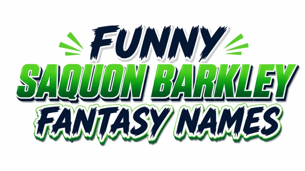 Bold website banner with the text “Funny Saquon Barkley Fantasy Names” in large stylized navy blue and bright green lettering on a light background, featuring playful graphic accents on both sides for an energetic sports-themed design.