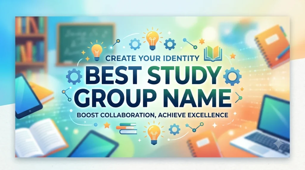Colorful educational banner featuring the text “Best Study Group Name” in bold center typography with books, laptops, notebooks, light bulbs, gears, and learning icons on a vibrant academic background.