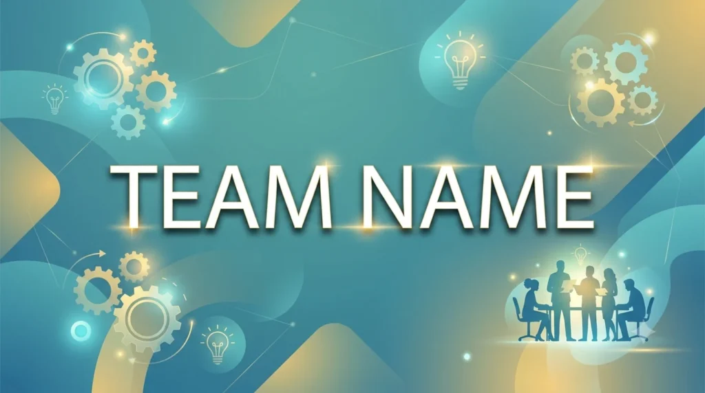 Professional digital banner featuring large centered "TEAM NAME" text in bold white lettering on a blue gradient background with glowing effects, gears, light bulb icons, and team collaboration silhouettes symbolizing creativity, teamwork, and innovation.