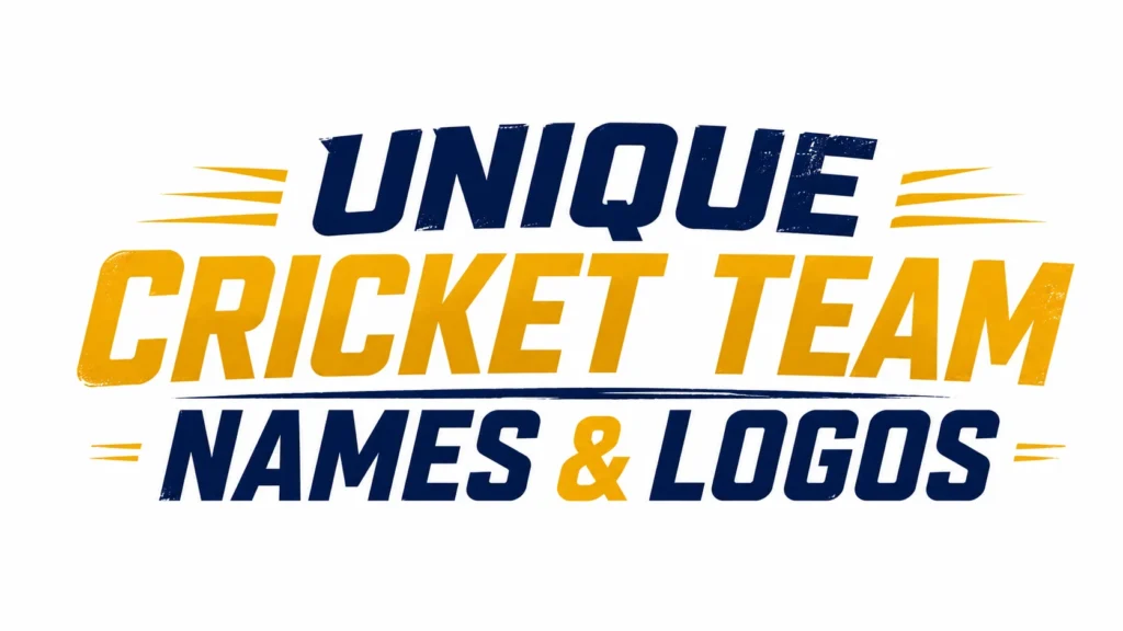 Bold typographic banner design featuring the text "Unique Cricket Team Names & Logos" in large blue and yellow lettering on a clean light background with decorative speed-line accents, creating a sporty and energetic look.
