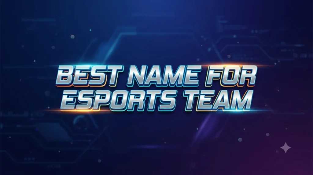 Best name for esports team banner featuring bold futuristic typography on a dark blue gaming background with neon lighting and a modern esports theme.