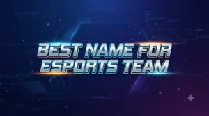 Best name for esports team banner featuring bold futuristic typography on a dark blue gaming background with neon lighting and a modern esports theme.