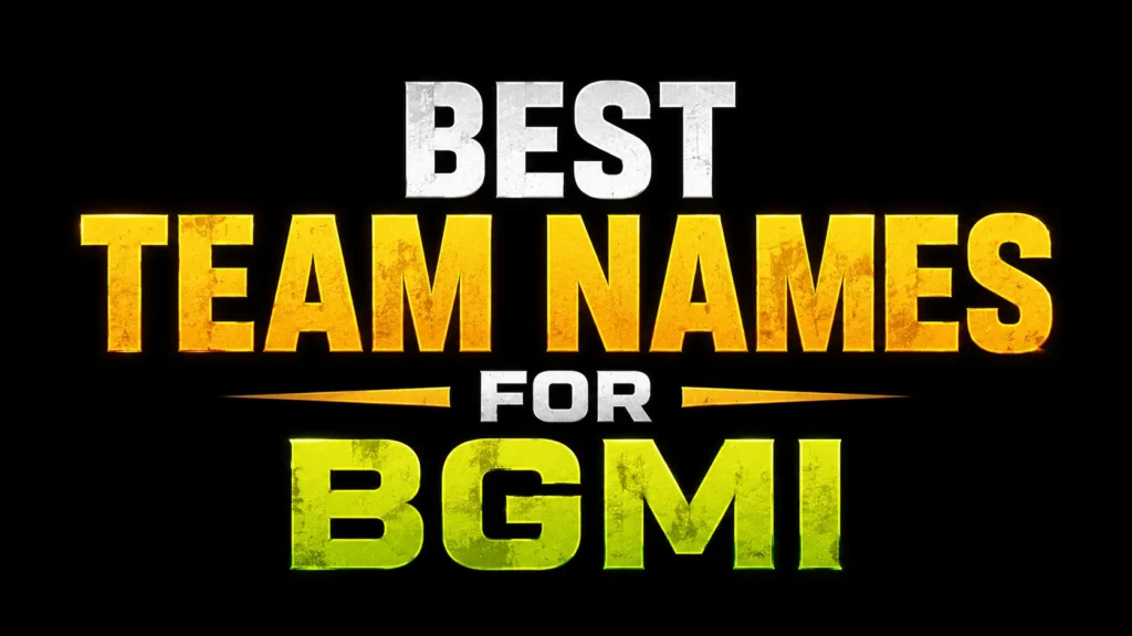 Best Team Names for BGMI banner featuring bold white, gold, and neon green typography on a black background in a modern gaming style, designed as a website header for a BGMI team names article.