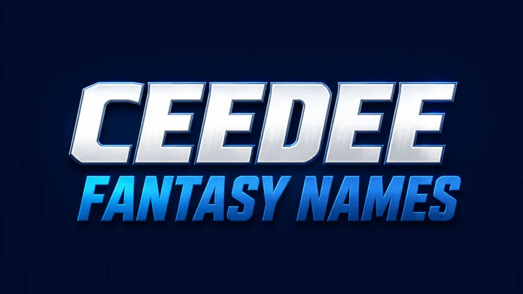 Ceedee Fantasy Names banner featuring bold metallic silver and blue typography on a dark navy background, representing creative and funny CeeDee Lamb fantasy football team name ideas.