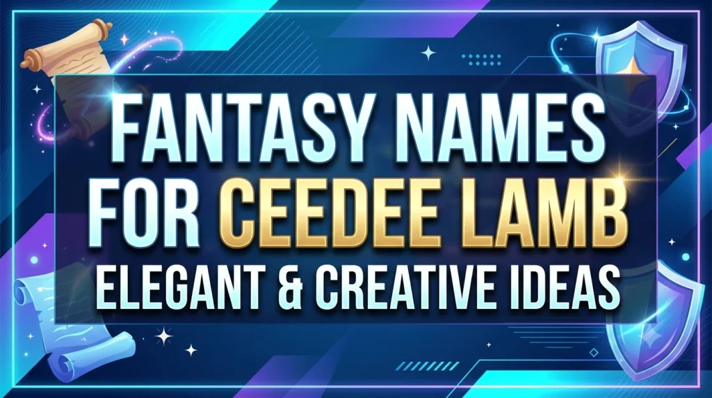 Digital banner with text reading "Fantasy Names for CeeDee Lamb: Elegant & Creative Ideas" over a blue background with fantasy-themed shields and scrolls.