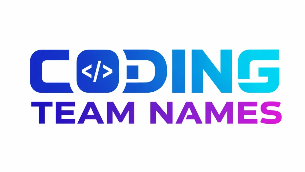 Modern coding team names banner featuring bold gradient blue-to-purple typography with a coding symbol inside the letter 'O' on a clean white background, representing programming, software development, and developer teams.