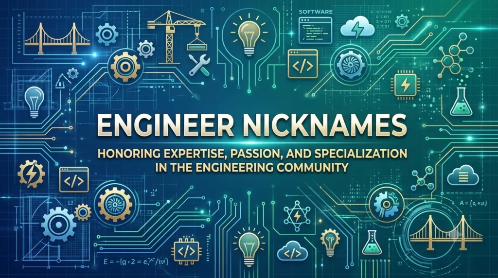 Engineer nicknames banner featuring engineering icons, gears, coding symbols, blueprints, bridges, circuit designs, and innovation graphics representing creative, funny, and professional engineer nickname ideas.