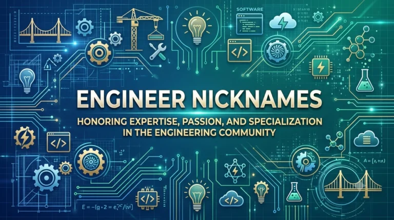 Engineer nicknames banner featuring engineering icons, gears, coding symbols, blueprints, bridges, circuit designs, and innovation graphics representing creative, funny, and professional engineer nickname ideas.