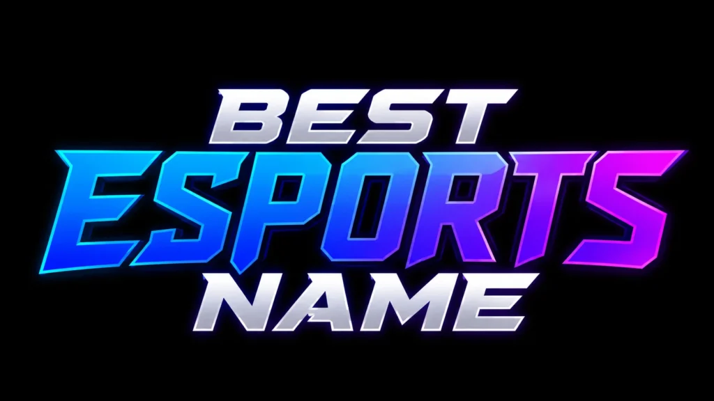 Best Esports Name banner featuring bold futuristic blue, purple, and white typography on a black background, representing creative esports team names, gaming clans, and competitive gaming branding.