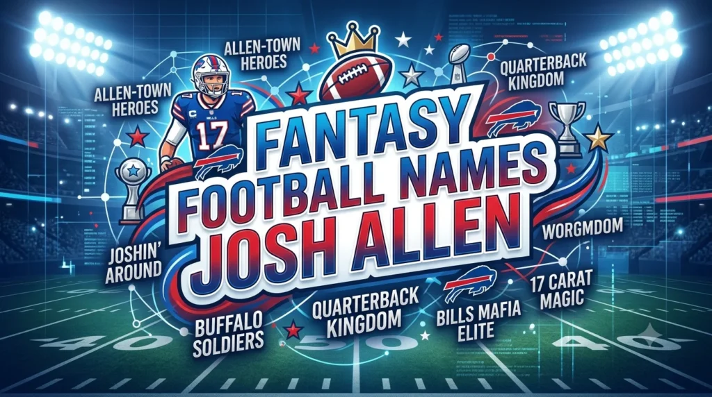 Fantasy football banner featuring Josh Allen-inspired team names with a football stadium background, Buffalo-themed graphics, and bold text reading “Fantasy Football Names Josh Allen.” Includes creative labels like Joshin’ Around, Bills Mafia Elite, Quarterback Kingdom, and Buffalo Soldiers.