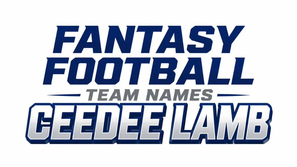 Fantasy Football Team Names CeeDee Lamb banner featuring bold blue and silver typography on a clean white background, ideal for fantasy football name ideas and NFL-themed blog content.