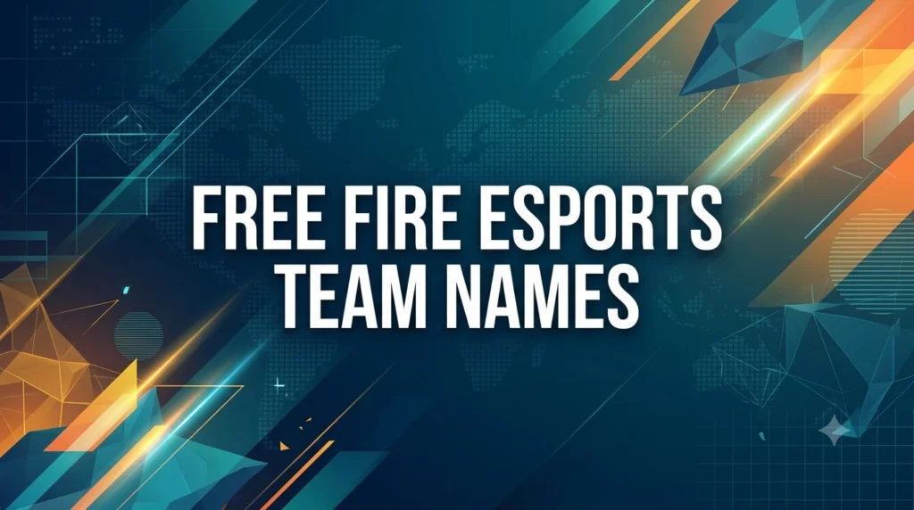 Free Fire esports team names banner with bold white title on a modern blue gaming background featuring abstract geometric shapes, glowing light streaks, and a futuristic esports design.