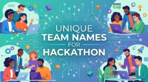 Unique team names for hackathon banner featuring diverse developers collaborating on laptops with futuristic technology graphics, coding elements, and an innovation-themed digital background.