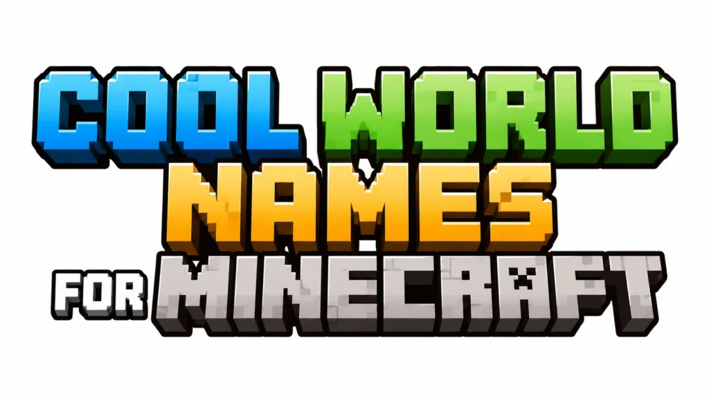 Cool World Names for Minecraft banner featuring bold pixel-style blue, green, gold, and gray text on a clean white background, representing creative, funny, epic, and unique Minecraft world name ideas.