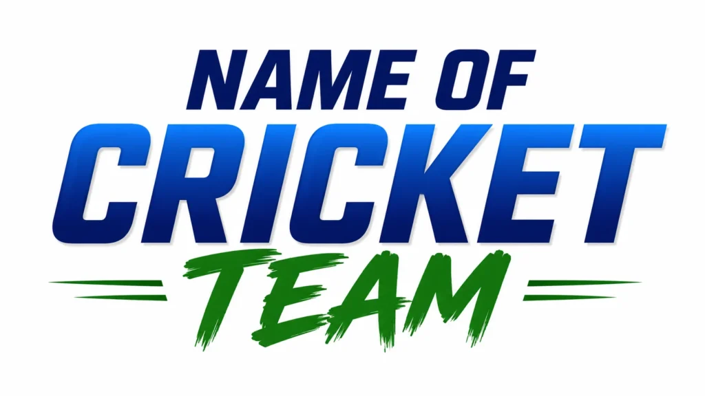 Bold "Name of Cricket Team" typography banner in blue and green on a clean white background, representing creative, unique, funny, and winning cricket team name ideas for clubs, schools, tournaments, and local leagues.