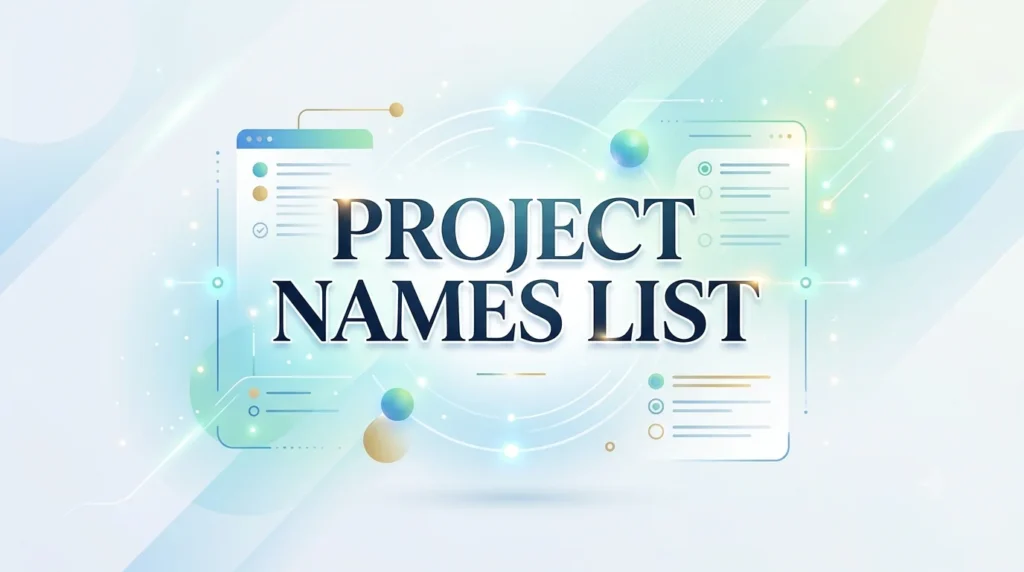 An elegant, 16:9 ratio digital banner with a light blue and green gradient background. The text "PROJECT NAMES LIST" is displayed prominently in bold, dark blue typography in the center, surrounded by subtle abstract UI elements, glowing dots, and geometric light accents.