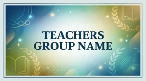 Elegant website banner for “Teachers Group Name” featuring large centered text with a blue and green gradient background, decorative book icons, laurel leaves, academic symbols, and soft glowing elements creating a professional educational theme.
