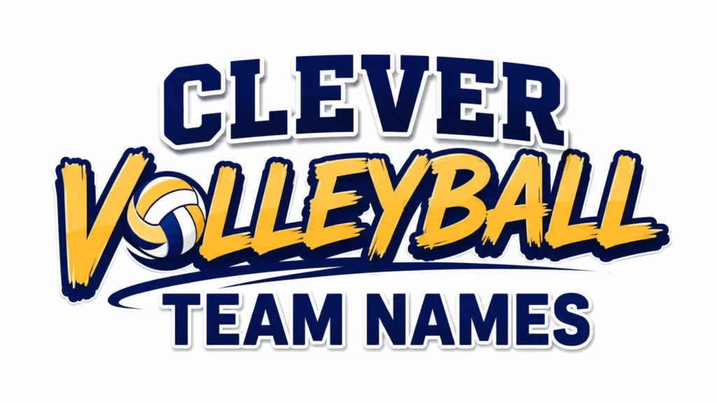 Clever volleyball team names banner featuring bold blue and gold typography with a volleyball graphic on a clean white background, designed for sports team naming inspiration.
