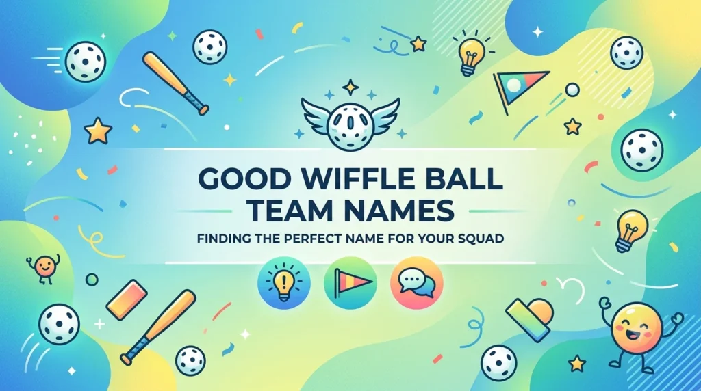 Colorful illustrated banner featuring the text "Good Wiffle Ball Team Names" with the subtitle "Finding the Perfect Name for Your Squad," surrounded by wiffle balls, bats, playful icons, and sports-themed elements on a bright modern background.
