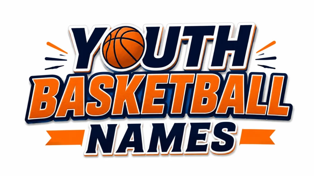 Youth basketball names in bold orange and navy lettering with a basketball graphic.