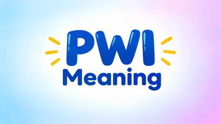 PWI meaning banner featuring bold blue “PWI” text above “Meaning,” centered on a soft blue, white, lavender, and pink gradient background with subtle yellow accent lines.