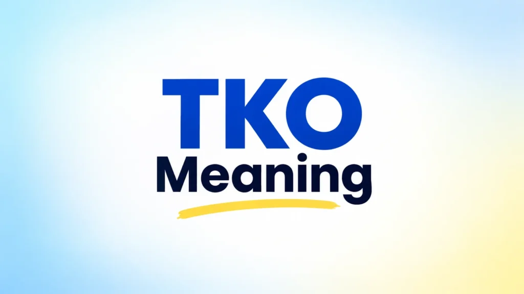 TKO meaning banner featuring bold blue “TKO” text and “Meaning” on a clean, modern light-blue and white background.