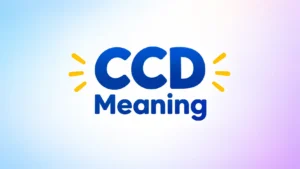 CCD meaning banner featuring the word “CCD” in bold blue lettering above “Meaning,” centered on a soft blue, white, and lavender gradient background with subtle yellow accent lines.