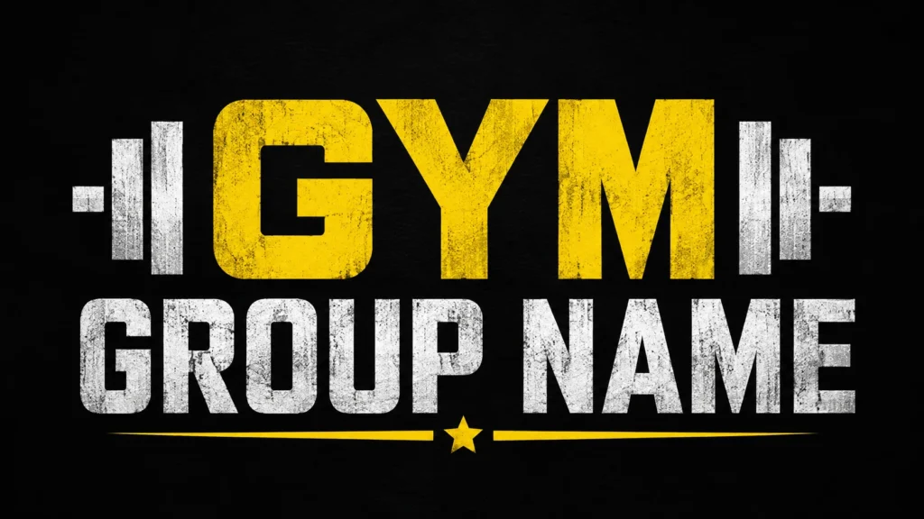 Bold “Gym Group Name” text in yellow and white with dumbbell graphics on a black textured background.