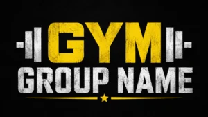 Bold “Gym Group Name” text in yellow and white with dumbbell graphics on a black textured background.