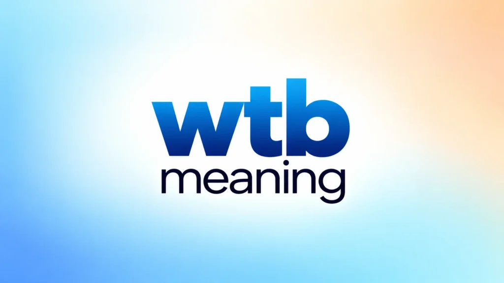 Minimalist digital banner featuring the centered text “WTB Meaning” on a soft blue, white, and peach gradient background.