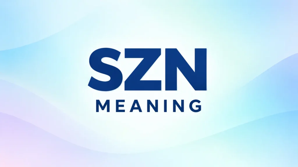 SZN meaning banner with bold navy text centered on a soft blue, aqua, and lavender gradient background.
